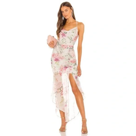 Sau Lee Frieda Silk Cowl Neck High Low Ruched Dress in White Pink Floral Size 4 - Picture 1 of 11